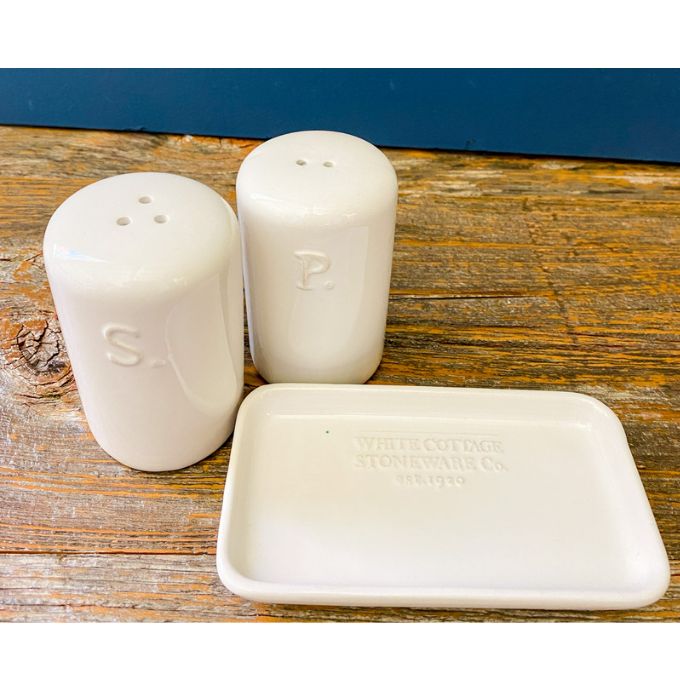 White Cottage Salt & Pepper Set with Tray available at Quilted Cabin Home Decor.