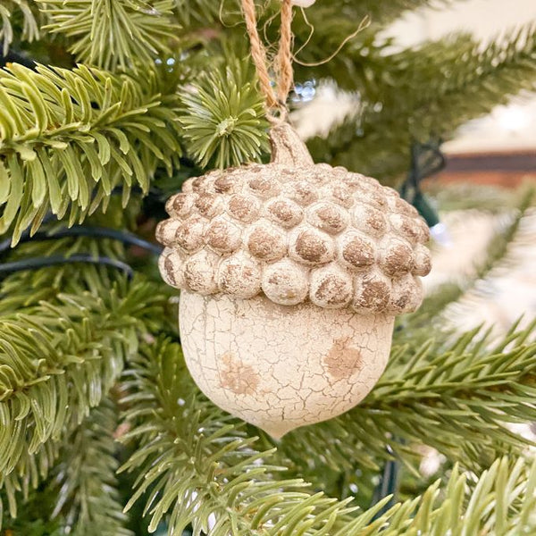 White Distressed Acorn Ornament available at Quilted Cabin Home Decor.