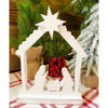 A farmhouse white distressed wooden cutout of the nativity scene under the Christmas star in the creche. The Distressed White Nativity cutout is a silhouette style nativity and available at Quilted Cabin Home Decor.