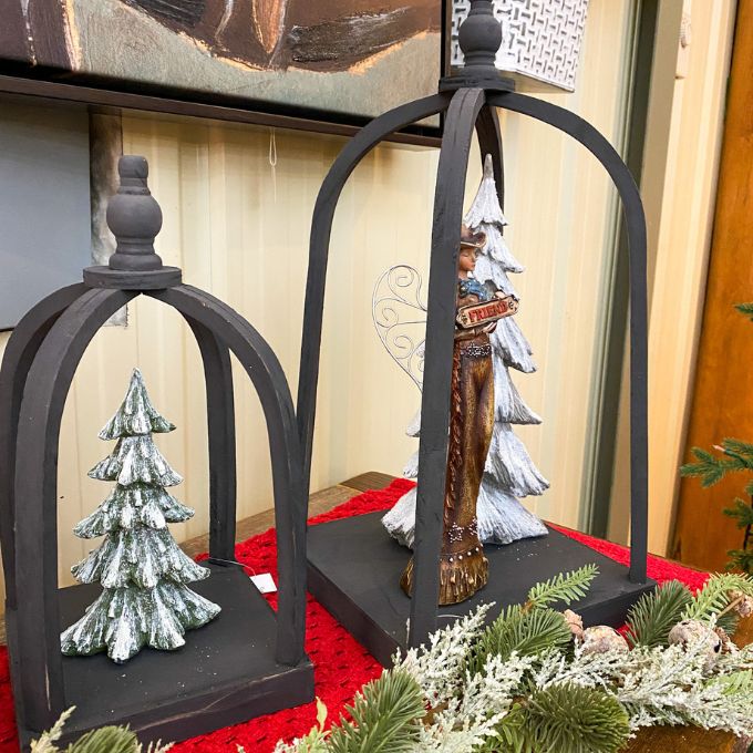 Decorative display with black wooden open lanterns. Black Curved Top Lantern - Two Sizes available at Quilted Cabin Home Decor.