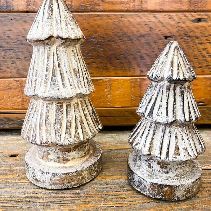 Distressed Carved Trees - Two Sizes available at Quilted Cabin Home Decor.