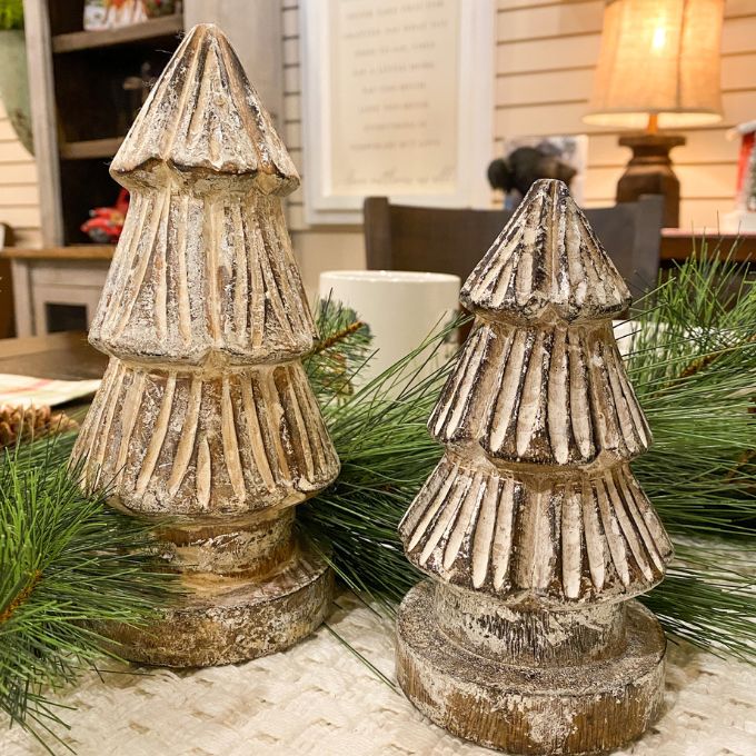 Distressed Carved Trees - Two Sizes available at Quilted Cabin Home Decor.