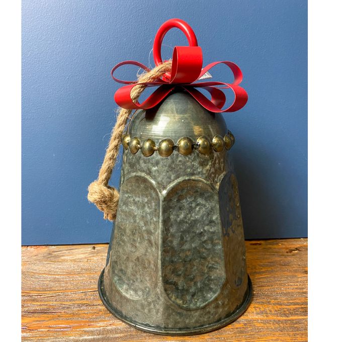 Dark Galvanized Sculpted Bell with Bow Hanger available at Quilted Cabin Home Decor.