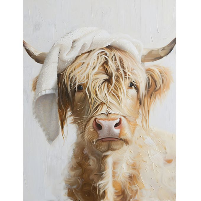 Painting of a highland cow with long hair and horns on a textured white background. Just Washed Block Art available at Quilted Cabin Home Decor.