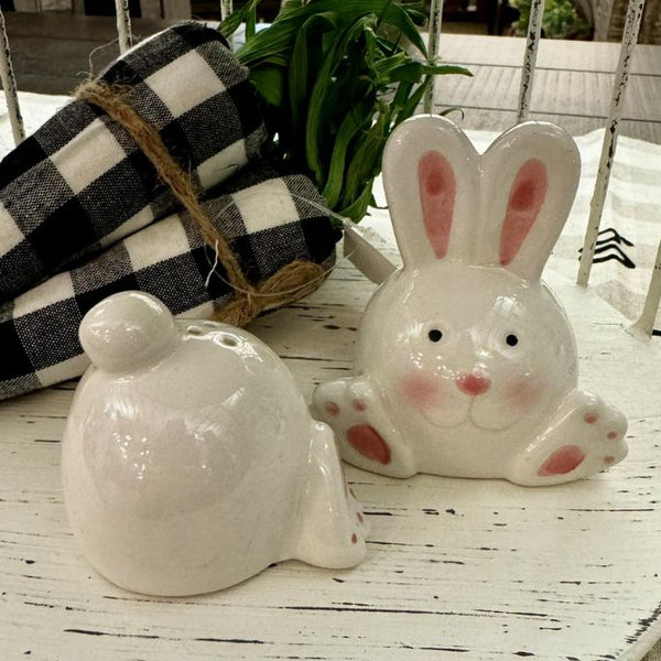 Bunny Salt and Pepper Set available at Quilted Cabin Home Decor.