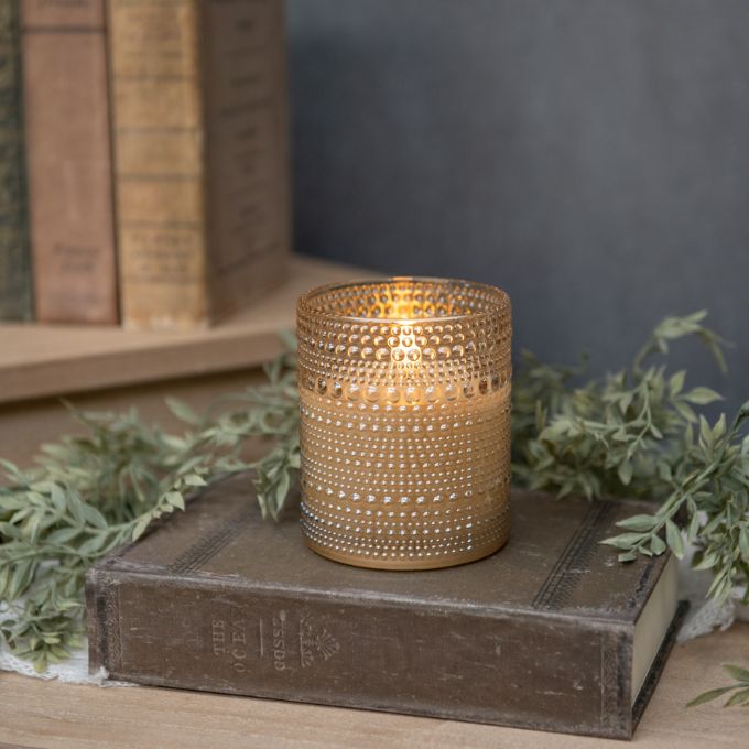 Champagne Dotted Glass Candle -4" available at Quilted Cabin Home Decor. 