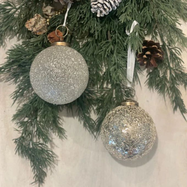 Glitzy Glass Silver Ornament - Set of Four available at Quilted Cabin Home Decor.