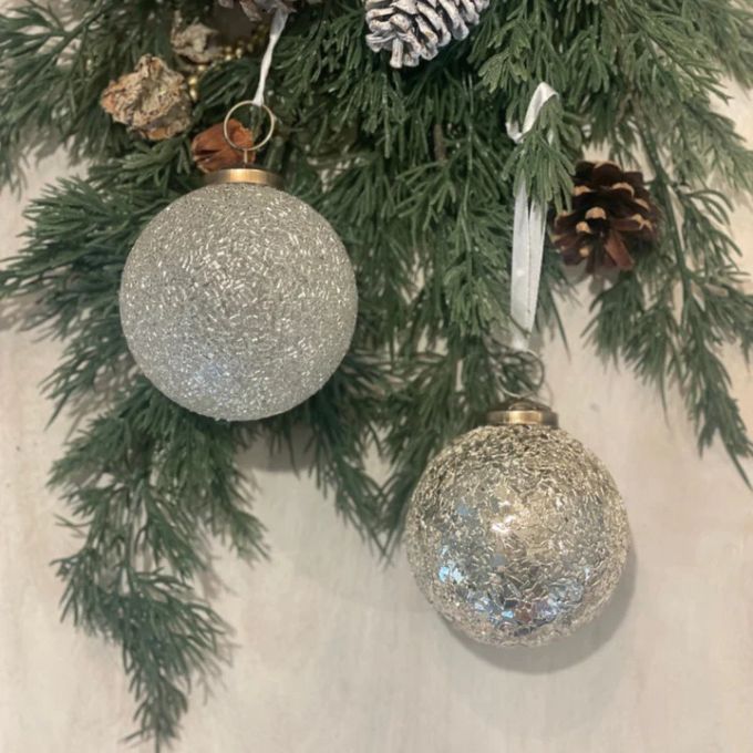 Glitzy Glass Silver Ornament - Set of Four available at Quilted Cabin Home Decor.
