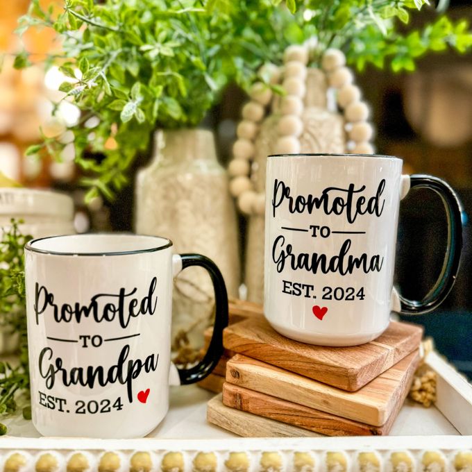 Promoted to Grandpa and Grandma Personalized Year Mugs available at Quilted Cabin Home Decor