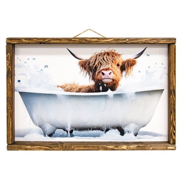 Highland Cow in a Bathtub Framed Print available at Quilted Cabin Home Decor.