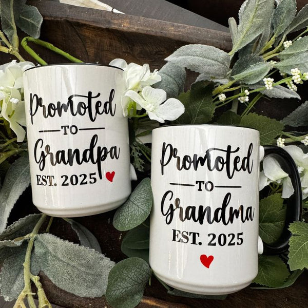 Promoted to Grandpa and Grandma Personalized Year Mugs available at Quilted Cabin Home Decor