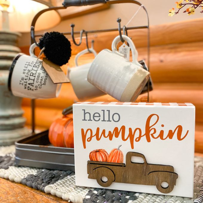 Hello Pumpkin Truck Box Sign available at Quilted Cabin Home Decor.