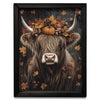 Framed artwork of a highland cow with autumn leaves and pumpkins. Fall Highland Cow Box Frame Wall Art available at Quilted Cabin Home Decor.