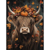 Painting of a highland cow with autumn leaves and a pumpkin on its head against a dark background. Fall Highland Cow Box Frame Wall Art available at Quilted Cabin Home Decor.