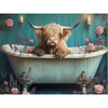 Highland cow in a vintage bathtub with flowers and candles on a teal wall. Highland Cow Pink & Purple Tub Box Frame available at Quilted Cabin Home Decor.