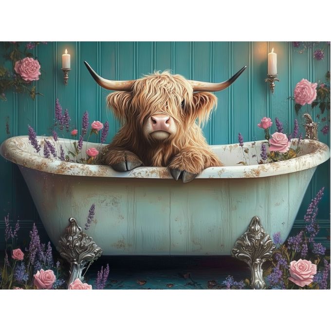 Highland cow in a vintage bathtub with flowers and candles on a teal wall. Highland Cow Pink & Purple Tub Box Frame available at Quilted Cabin Home Decor.