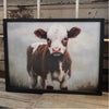Framed picture of a brown and white calf on a rustic wooden surface. The Calf Portrait Box Frame Art is available at Quilted Cabin Home Decor.