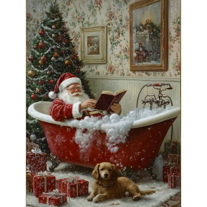 Santa Claus reading a book in a bathtub with a dog and Christmas decorations. The Classic Santa Bathtub Framed Art Print is available at Quilted Cabin Home Decor.