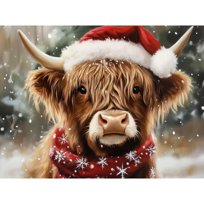  Wooden Block with an image of a highland cow wearing a Santa hat and scarf on a wooden surface. Winter Highland Art Block available at Quilted Cabin Home Decor.