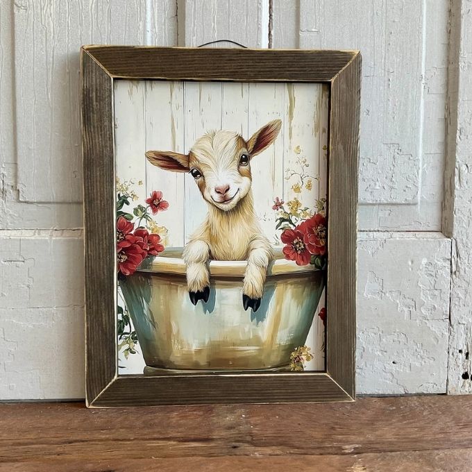 Floral Goat in Bathtub Framed Print available at Quilted Cabin Home Decor.