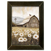 Framed artwork of a barn with flowers and a chicken on a white background. Rustic Barn and Wildflower Framed Art available at Quilted CAbin Home Decor.