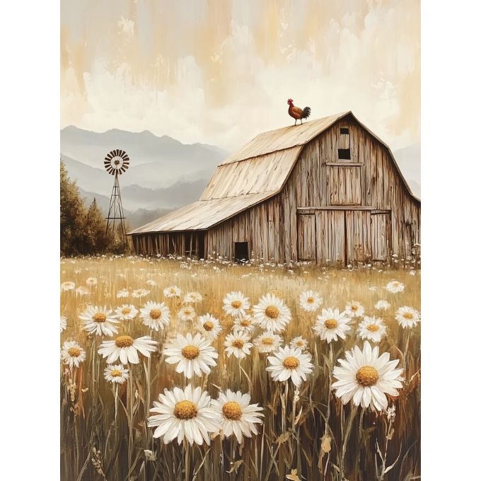 Painting of a rustic barn with a rooster on top, surrounded by a field of white flowers and mountains in the background.  Rustic Barn and Wildflower Framed Art available at Quilted Cabin Home Decor.