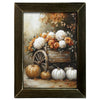 Framed artwork of a cart with flowers and pumpkins on a white background. Fall Mums Art available at Quilted Cabin Home Decor.