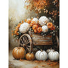 Painting of a wooden cart with autumn flowers and pumpkins on a textured background. Fall Mums wagon ARt available at Quilted Cabin Home Decor.