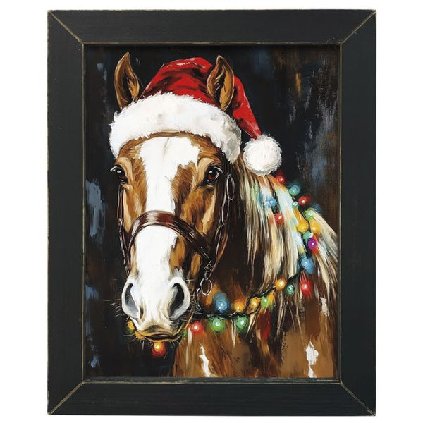 image of a horse wearing a Santa hat with Christmas lights, framed in black. Holiday Horse Framed Art Print available at Quilted Cabin Home Decor.