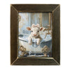Framed artwork of a white calf in a bathtub with decorative elements. Bubble Bath Calf in Vintage Tub Framed Art Print available at Quilted Cabin Home Decor.