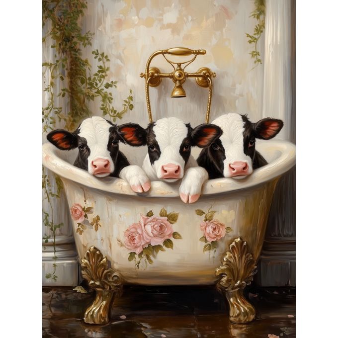 Three baby holstein calves  in a decorative bathtub with floral patterns. Three Holsteins in a Vintage Tub Framed Art available at Quilted Cabin Home Decor.