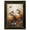 Framed artwork of two birds on pumpkins with a butterfly and flowers. Fall Wrens Art Print available at Quilted Cabin Home Decor.