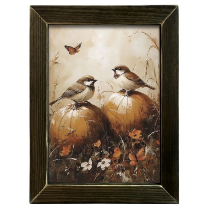 Framed artwork of two birds on pumpkins with a butterfly and flowers. Fall Wrens Art Print available at Quilted Cabin Home Decor.