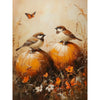 Two birds perched on pumpkins with a butterfly and flowers in an autumn setting. Fall Wrens Art Print available at Quilted Cabin Home Decor.