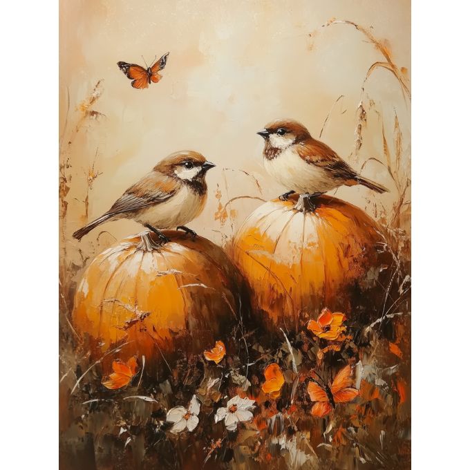 Two birds perched on pumpkins with a butterfly and flowers in an autumn setting. Fall Wrens Art Print available at Quilted Cabin Home Decor.