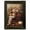 Framed artwork of a still life with books, flowers, and pumpkins on a white background. Autumn Florals & Books Framed Art available at Quilted Cabin Home Decor.