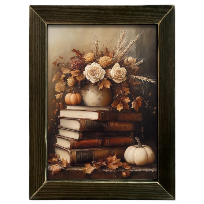 Framed artwork of a still life with books, flowers, and pumpkins on a white background. Autumn Florals & Books Framed Art available at Quilted Cabin Home Decor.