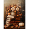 Autumnal still life with books, pumpkins, and flowers on a textured surface. Autumn Florals & Books Framed Art available at Quilted Cabin Home Decor.