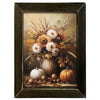Framed artwork of a still life with flowers, pumpkins, and fruits on a white background. Fall Mums Arrangement Wall Art available at Quilted Cabin Home Decor.