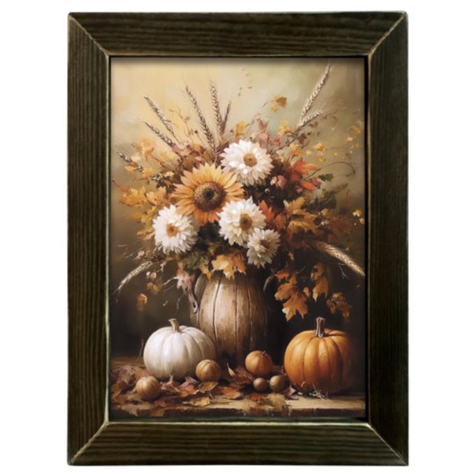 Framed artwork of a still life with flowers, pumpkins, and fruits on a white background. Fall Mums Arrangement Wall Art available at Quilted Cabin Home Decor.