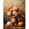 Autumnal still life with flowers, pumpkins, and leaves on a wooden surface. Fall Mums Arrangement Wall Art available at Quilted Cabin Home Decor.