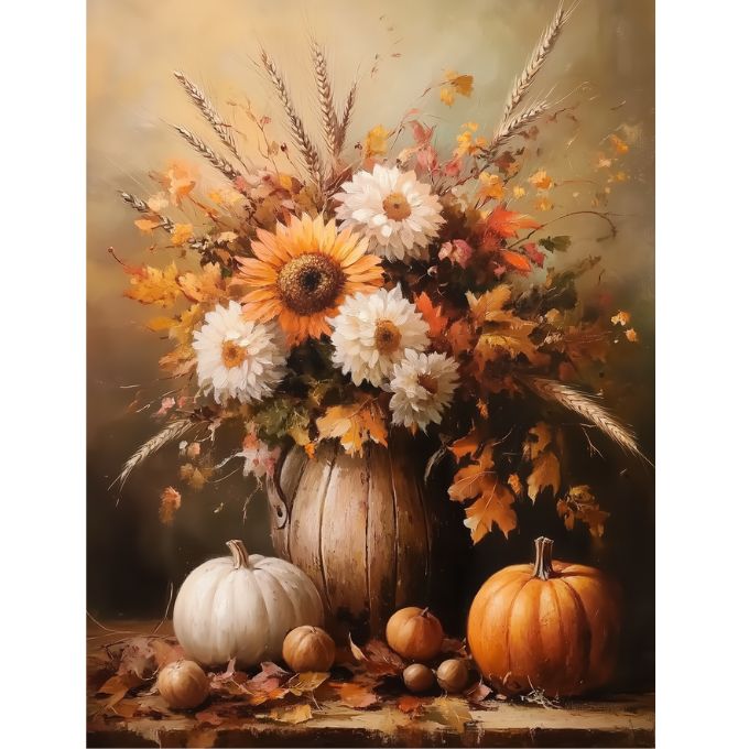 Autumnal still life with flowers, pumpkins, and leaves on a wooden surface. Fall Mums Arrangement Wall Art available at Quilted Cabin Home Decor.