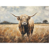 Wooden block art print of a highland cow in a field with a cloudy sky. Grazing Highland Block Art available at Quilted Cabin Home Decor.