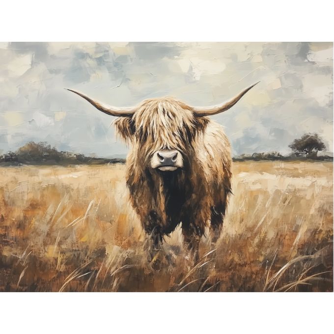 Wooden block art print of a highland cow in a field with a cloudy sky. Grazing Highland Block Art available at Quilted Cabin Home Decor.