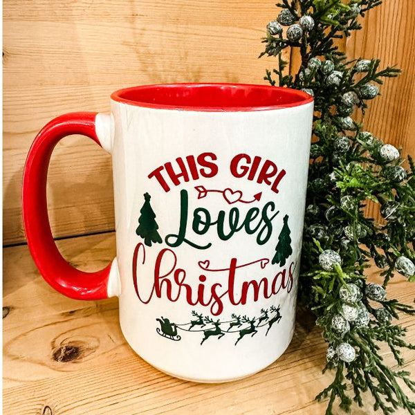 This Girl Loves Christmas Mug available at Quilted Cabin Home Decor.