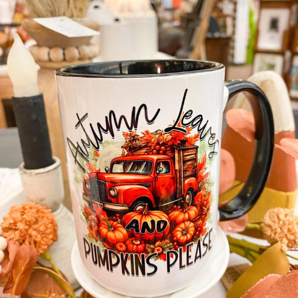 Autumn Leaves and Pumpkins Please Mug available at Quilted Cabin Home Decor.