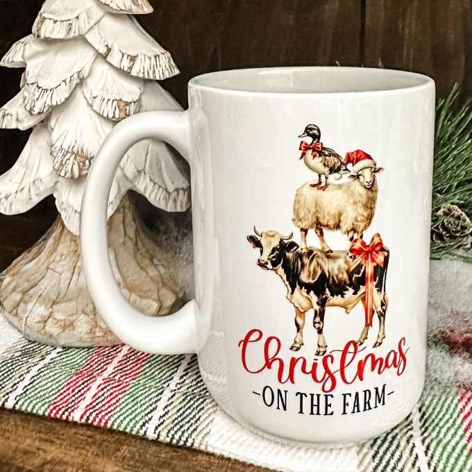 Christmas on the Farm Mug available at Quilted Cabin Home Decor.