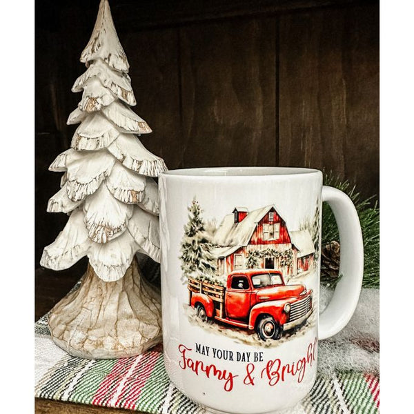 May Your Day be Farmy & Bright Christmas Mug available at Quilted Cabin Home Decor.