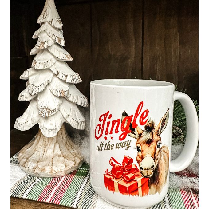 Jingle All the Way Christmas Mug available at Quilted Cabin Home Decor.