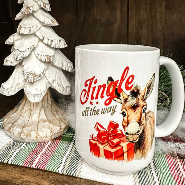 Jingle All the Way Christmas Mug available at Quilted Cabin Home Decor.